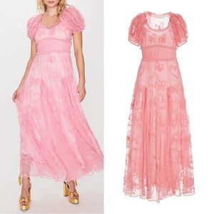 LoveShackFancy Steffen Pink Sheer Lace Maxi Dress Babydoll Hearts Bows Polka Dot